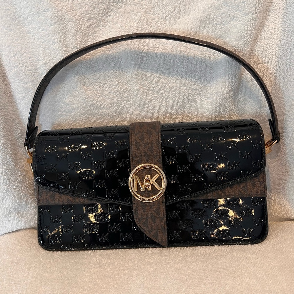 Michael Kors Glossy Black and Brown Shoulder Bag